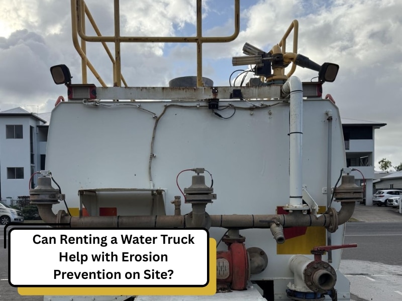 A water truck, available for renting a water truck, sits on a construction site, ready for dust suppression and erosion control.